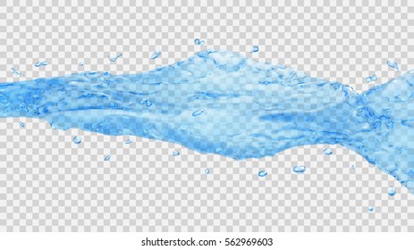 Translucent water jet with drops in light blue colors, isolated on transparent background. Transparency only in vector file