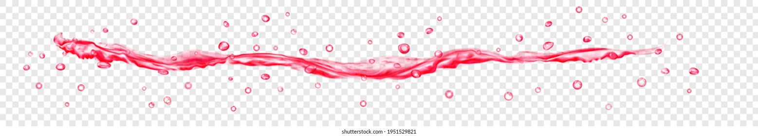 Translucent water jet with drops in red colors, isolated on transparent background. Transparency only in vector file