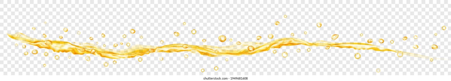 Translucent water jet with drops in yellow colors, isolated on transparent background. Transparency only in vector file