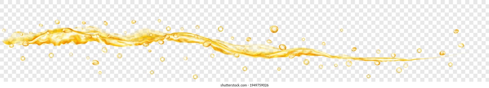 Translucent water jet with drops in yellow colors, isolated on transparent background. Transparency only in vector file