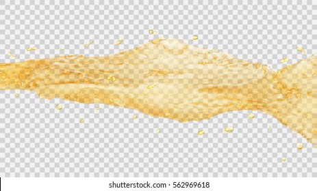 Translucent water jet with drops in yellow colors, isolated on transparent background. Transparency only in vector file