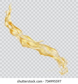 Translucent water jet or splash with drops in yellow colors, isolated on transparent background. Transparency only in vector file