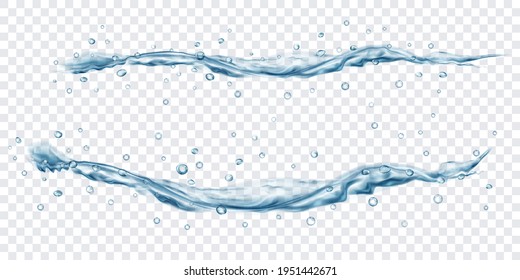 Translucent water jets with drops in gray colors, isolated on transparent background. Transparency only in vector file