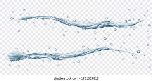 Translucent water jets with drops in gray colors, isolated on transparent background. Transparency only in vector file