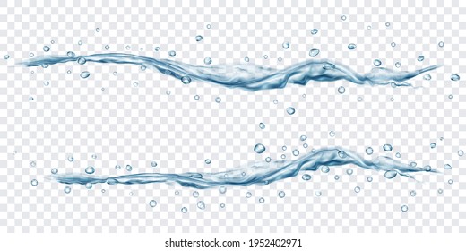 Translucent water jets with drops in gray colors, isolated on transparent background. Transparency only in vector file