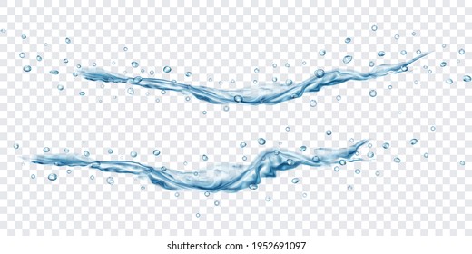 Translucent water jets with drops in gray colors, isolated on transparent background. Transparency only in vector file