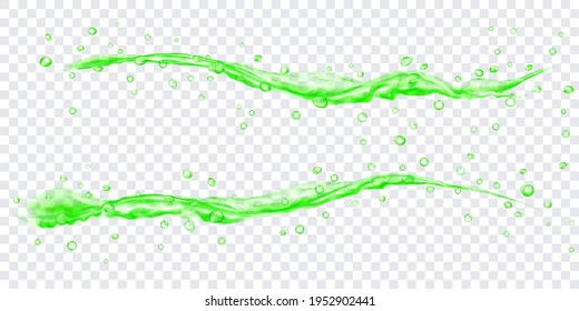 Translucent water jets with drops in green colors, isolated on transparent background. Transparency only in vector file