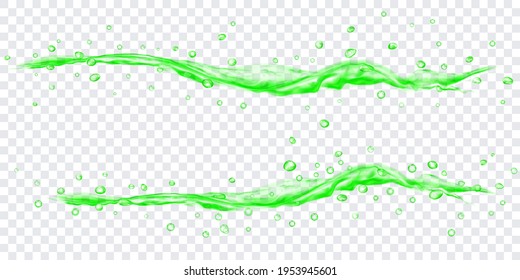 Translucent water jets with drops in green colors, isolated on transparent background. Transparency only in vector file