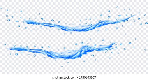 chorros de agua translúcidos con gotas de colores azul claro, aislados en un fondo transparente. Transparencia sólo en archivo vectorial