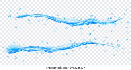 Translucent water jets with drops in light blue colors, isolated on transparent background. Transparency only in vector file