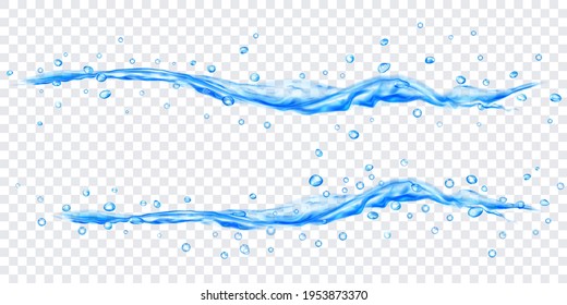 Translucent water jets with drops in light blue colors, isolated on transparent background. Transparency only in vector file