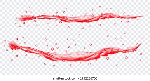 Translucent water jets with drops in red colors, isolated on transparent background. Transparency only in vector file