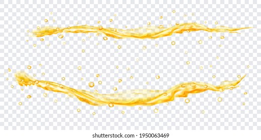 chorros de agua translúcidos con gotas en colores amarillos, aislados en un fondo transparente. Transparencia sólo en archivo vectorial