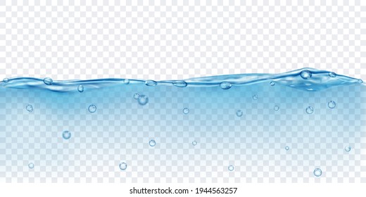 Translucent water in light blue colors with air bubbles, isolated on transparent background. Transparency only in vector file