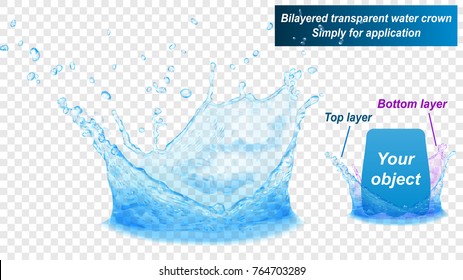 Translucent water splash crown consist of two layers: top and bottom. In light blue colors, isolated on transparent background. Transparency only in vector file