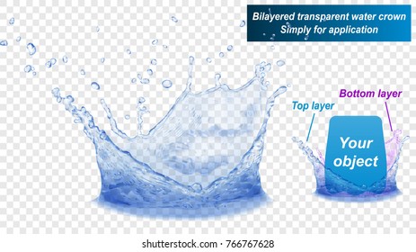 Translucent water splash crown consist of two layers: top and bottom. In blue colors, isolated on transparent background. Transparency only in vector file