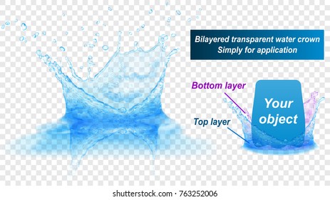 Translucent water splash crown with reflection consist of two layers: top and bottom. In light blue colors, isolated on transparent background. Transparency only in vector file