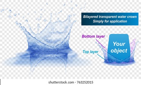 Translucent water splash crown with reflection consist of two layers: top and bottom. In blue colors, isolated on transparent background. Transparency only in vector file