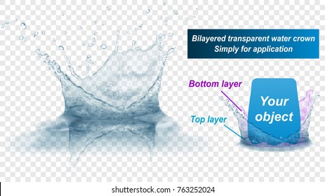 Translucent water splash crown with reflection consist of two layers: top and bottom. In gray colors, isolated on transparent background. Transparency only in vector file