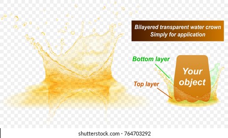 Translucent water splash crown with reflection consist of two layers: top and bottom. In yellow colors, isolated on transparent background. Transparency only in vector file