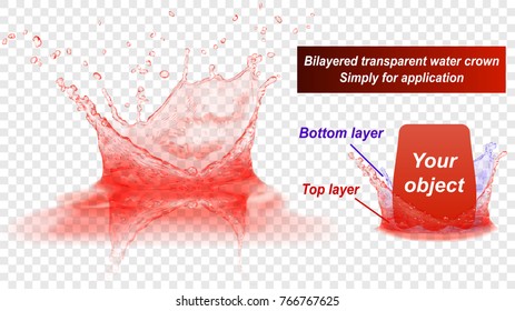 Translucent water splash crown with reflection consist of two layers: top and bottom. In red colors, isolated on transparent background. Transparency only in vector file