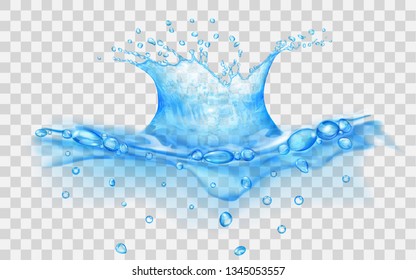 Translucent water surface with crown and drops from falling object. Splash in light blue colors, isolated on transparent backdrop. Side view. Transparency only in vector file