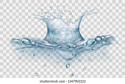 Translucent water surface with crown and drops from falling object. Splash in gray colors, isolated on transparent backdrop. Side view. Transparency only in vector file