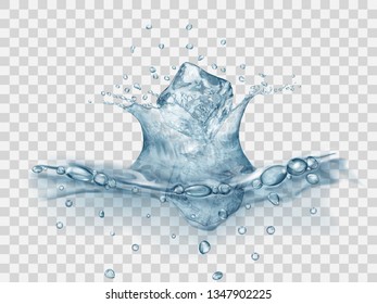 Translucent water surface with crown and drops from falling ice cubes. Splash in gray colors, isolated on transparent backdrop. Side view. Transparency only in vector file