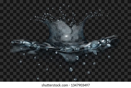 Translucent water surface with crown and drops from falling object. Splash in gray colors, isolated on transparent backdrop. Side view. For used on dark backgrounds. Transparency only in vector file