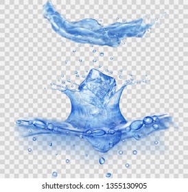 Translucent water surface with crown and drops from falling ice cubes. Splash in blue colors, isolated on transparent backdrop. Side view. Transparency only in vector file