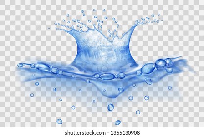 Translucent water surface with crown and drops from falling object. Splash in blue colors, isolated on transparent backdrop. Side view. Transparency only in vector file