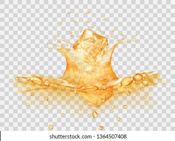 Translucent water surface with crown and drops from falling ice cubes. Splash in yellow colors, isolated on transparent backdrop. Side view. Transparency only in vector file