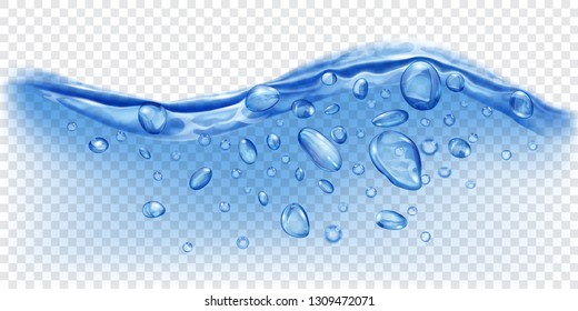 Translucent water wave in blue colors with air bubbles and drops, isolated on transparent background. Transparency only in vector file