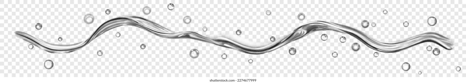 Translucent water wave with drops and bubbles in gray colors, isolated on transparent background. Transparency only in vector file