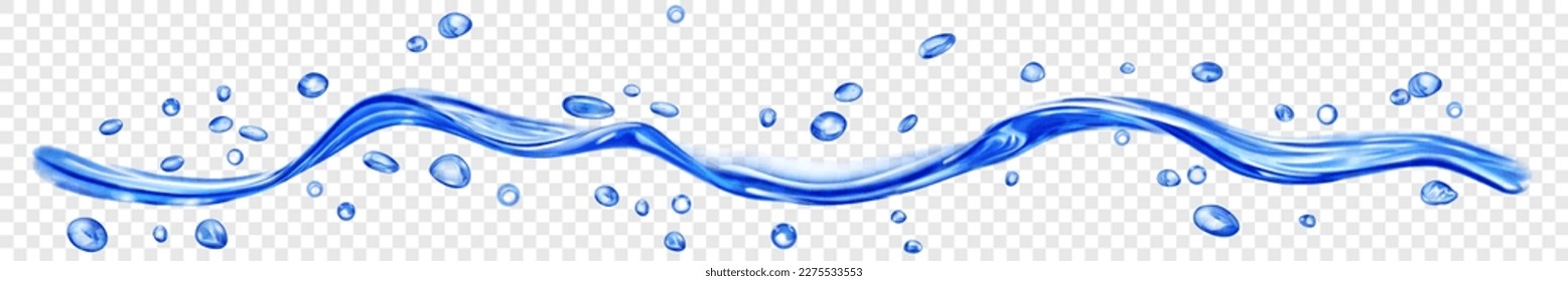 Translucent water wave with drops and bubbles in blue colors, isolated on transparent background. Transparency only in vector file