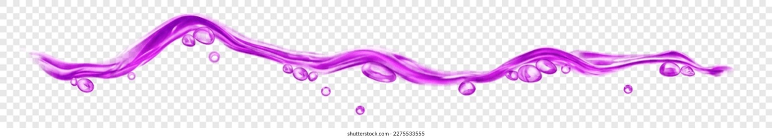 Translucent water wave with drops and bubbles in purple colors, isolated on transparent background. Transparency only in vector file