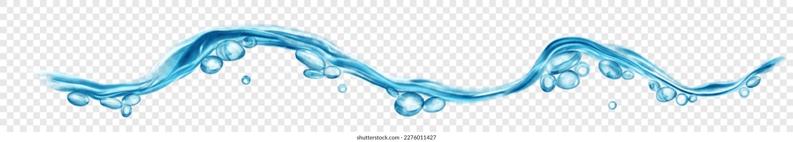 Translucent water wave with drops and bubbles in light blue colors, isolated on transparent background. Transparency only in vector file