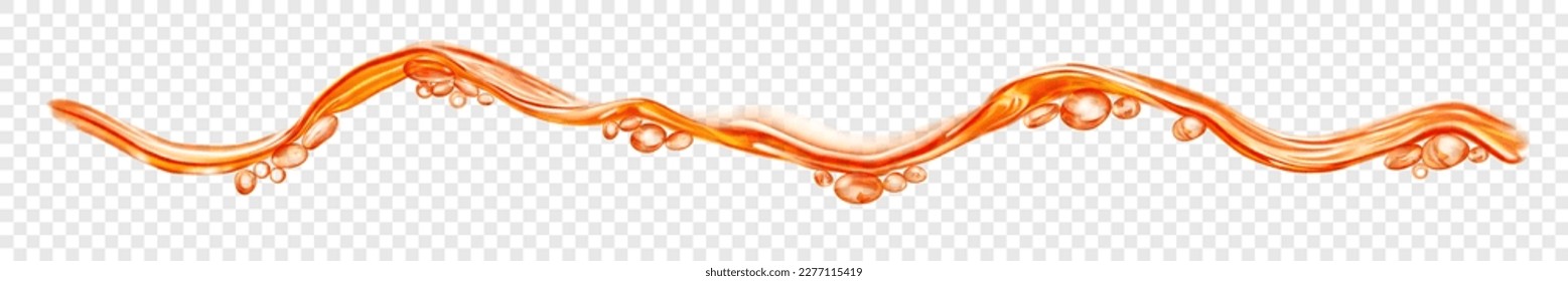 Translucent water wave with drops and bubbles in orange colors, isolated on transparent background. Transparency only in vector file
