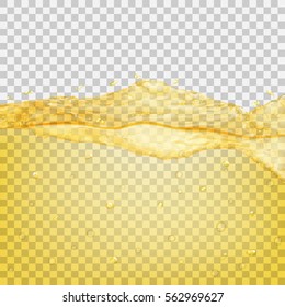 Translucent water wave with drops and bubbles in yellow colors, isolated on transparent background. Transparency only in vector file