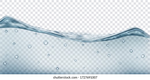 Translucent water wave in gray colors with air bubbles, isolated on transparent background. Transparency only in vector file