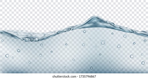 Translucent water wave in gray colors with air bubbles, isolated on transparent background. Transparency only in vector file