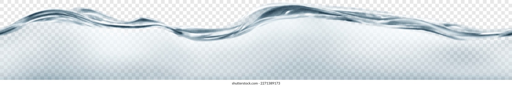 Translucent water wave in gray colors with seamless horizontal repetition, isolated on transparent background. Transparency only in vector file