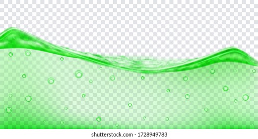 Translucent water wave in green colors with air bubbles, isolated on transparent background. Transparency only in vector file