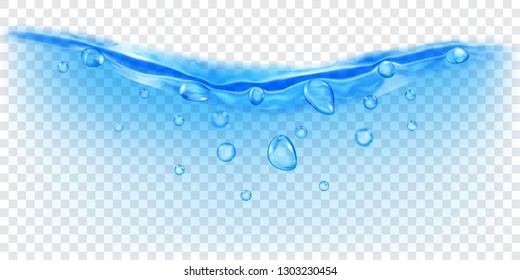 Translucent water wave in light blue colors with air bubbles and drops, isolated on transparent background. Transparency only in vector file