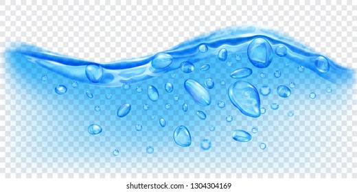 Translucent water wave in light blue colors with air bubbles and drops, isolated on transparent background. Transparency only in vector file