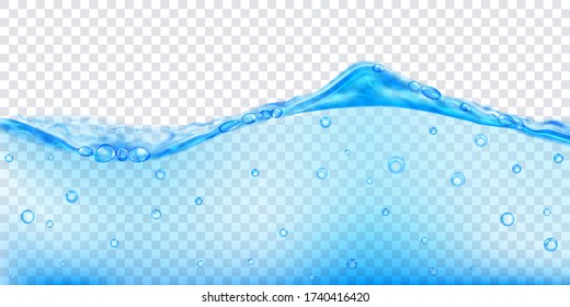 Translucent water wave in light blue colors with air bubbles, isolated on transparent background. Transparency only in vector file