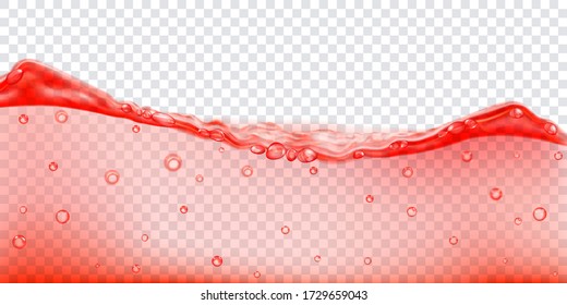 Translucent water wave in red colors with air bubbles, isolated on transparent background. Transparency only in vector file