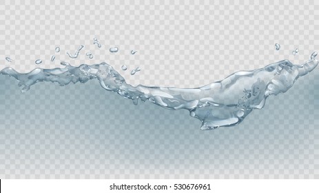 Translucent water wave with splashes and drops in light blue colors, isolated on transparent background. Transparency only in vector file.