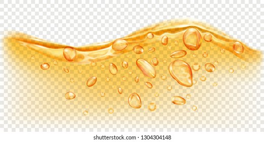 Translucent water wave in yellow colors with air bubbles and drops, isolated on transparent background. Transparency only in vector file