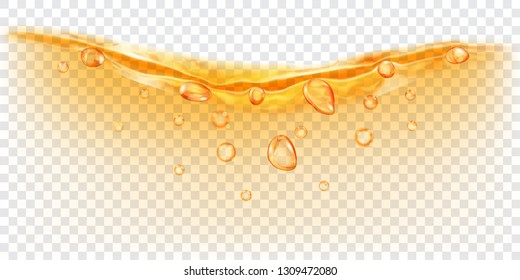 Translucent water wave in yellow colors with air bubbles and drops, isolated on transparent background. Transparency only in vector file